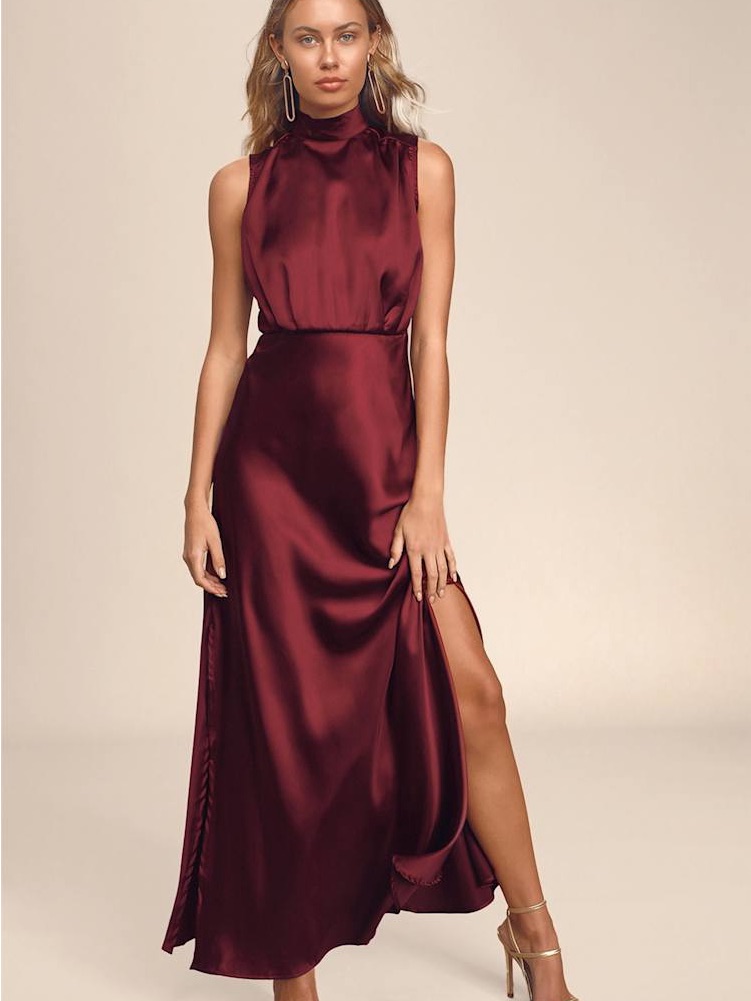 Lulu's Burgundy Satin High-Neck Sleeveless Maxi Dress
